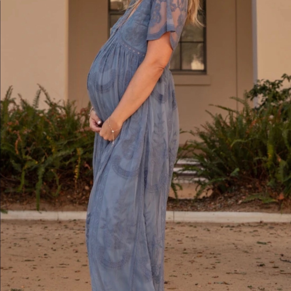 PinkBlush Blue Lace Mesh Overlay Maternity Maxi Dress